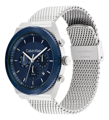Reloj Calvin Klein Fearless Para Hombre 25200305 Plateado Bisel Azul Marino Fondo Azul Marino