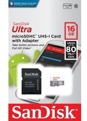Memória Sd Sandisk Ultra 16gb Classe 10 80mbs Com Nf - Full