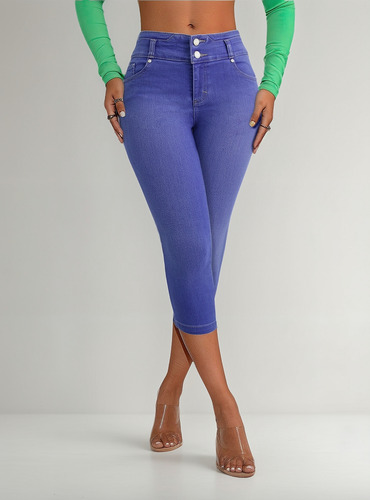 Jean Capri Mezclilla Dama Con Bolsas, Doble Botón En Pretina