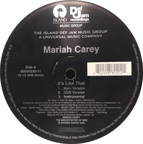 Vinilo Maxi Mariah Carey - It's Like That - 2005 Usa