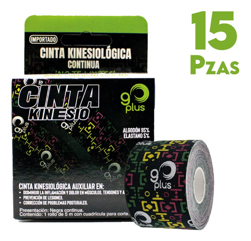 15 Pack Cinta Kinesiológica Negra Diseño Go Plus 5m