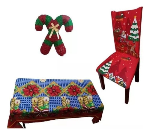 Set 6 Fundas De Sillas Con 4 Bastón Y Mantel Navideño 