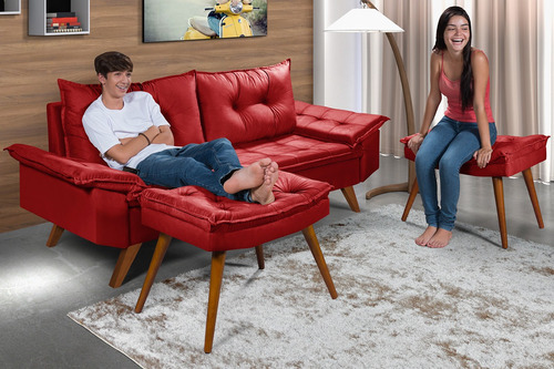 Sofa Bariloche 3 Lugares Com 2 Banquetas Essencial Estofados Cor Vermelho Desenho do tecido Liso