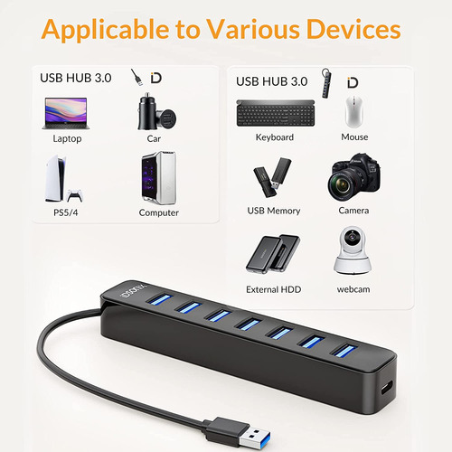 Hub Usb 3.0, 7 Puertos Para Laptop, iMac, Surface Pro, Xps