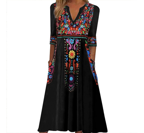 Vestido Mul De Mujer Con Cuello En V Y Estampado Bohemio