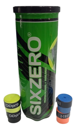 Combo Padel Tubo Pelotas X3 + 4 Grips Tenis Paddle Color Negro