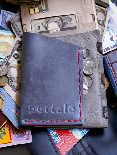 Billetera Hombre Cuero Artesanal Portale Color Gris Topo