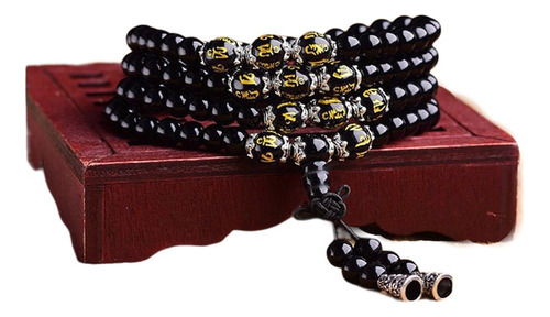 Pulsera De Obsidiana 108 Cuentas De Buda Con Mantra De Seis