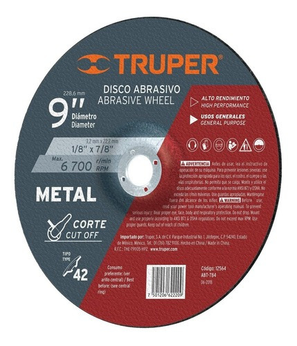 Disco T.27 Corte Metal 9' Uso Gral. Truper 12564