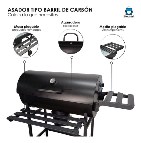 Asador Tipo Barril De Carbón Con Gran Área De Cocción Móvil Color Negro