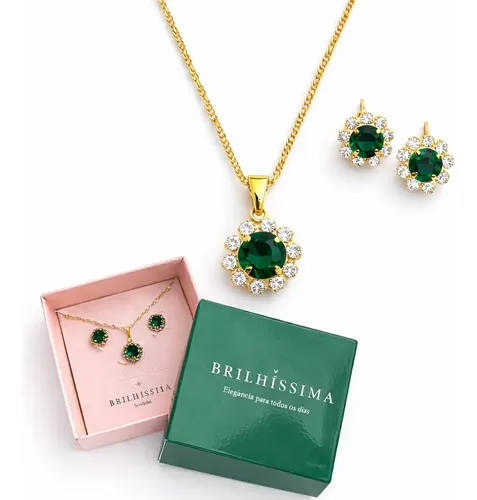 Conjunto Colar Brinco Zirconia Folheado A Ouro Presente