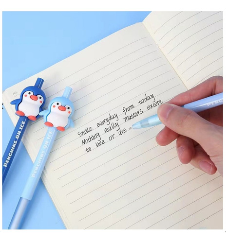 Boligrafo Lapicera Pinguino Silicona Cute Kawaii Tinta Negro Exterior Azul