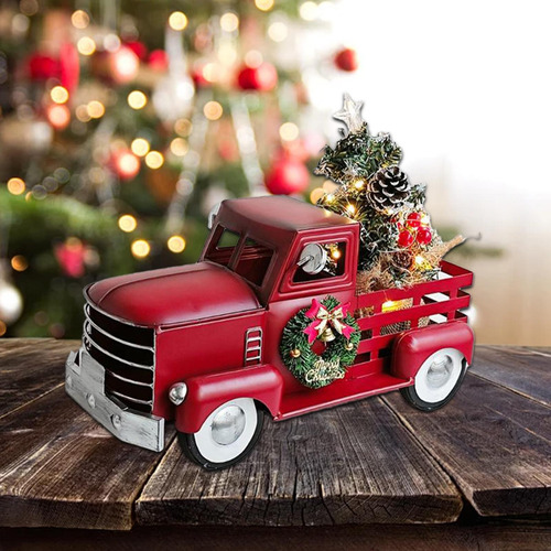 Camión Rojo Con De Navidad, Coche Antiguo De Metal, Adorno