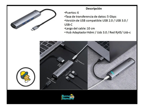 Imagen 4 de 10 de Hub Adaptador Hdmi / Usb 3.0 / Red Rj45/ Usb-c / Baseus Caba