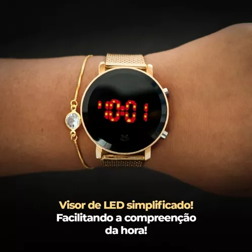 Relógio Digital Led Feminino de Pulso Preto Redondo Original