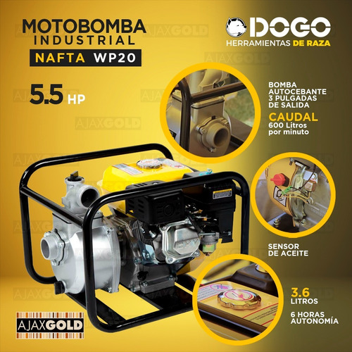 Imagen 2 de 6 de Motobomba Industrial Nafta 5,5 Hp Dogo 600 L/min 2 Pulgadas