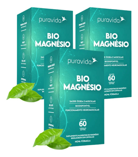3x Bio Magnésio 350mg Quelato 60 Cápsulas - Pura Vida Sabor Sem Sabor