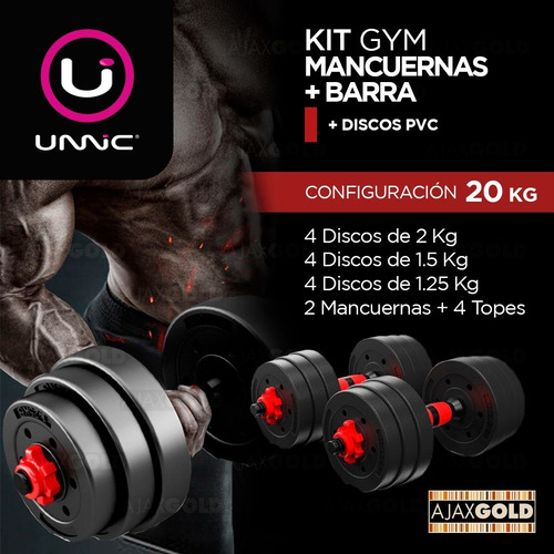 Imagen 5 de 8 de Kit Gym Mancuerna Barra Topes Rosca Fitness + Discos 20 Kg