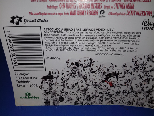 Vhs Filme 101 Dalmatas - Walt Disney (dublado) 1a Edição (Usado)