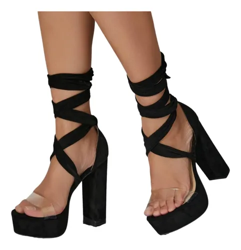 Tacones Negros Abiertos Cintas Sandalias MercadoLibre
