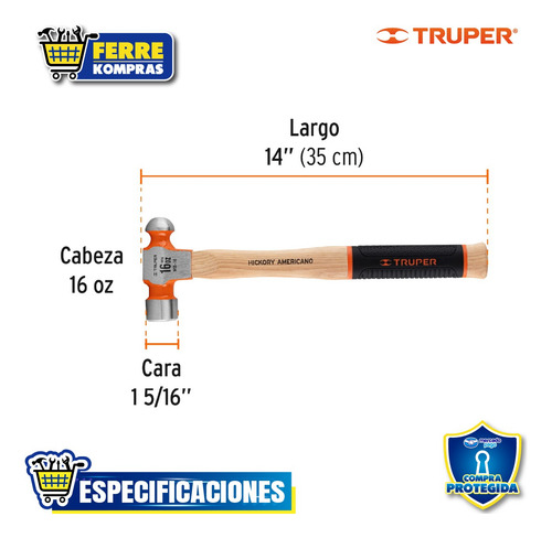 Martillo Pulido De Bola 16 Oz Mango Hick