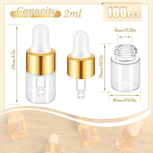 100 Minifrascos Cuentagotas De Vidrio, 2 Ml, Dorados
