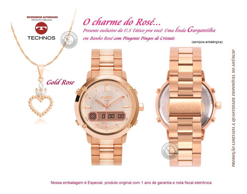 Relógio Euro Feminino Luxo Digital Analógico Prata Ou Rose +