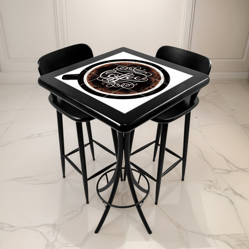Mesa Madeira Azulejo Alta 2 Banquetas P/ Bar Sacada Varanda Cor Preta Lacada Café Desenho Do Tecido Das Cadeiras