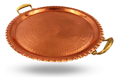 Bandeja De Cobre Com Alça Dourada M - 39,5 Cm De Diâmetro