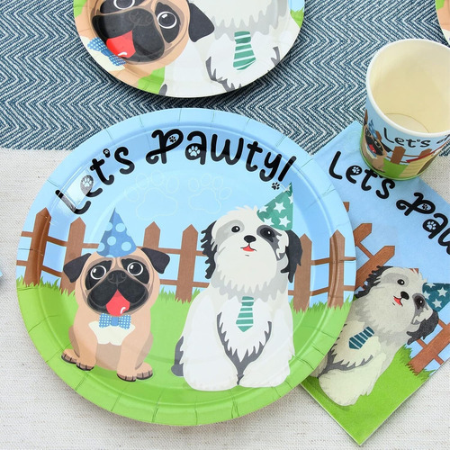 Kit De Desechable Para Fiesta De Perros Platos, Vasos, Servi Azul Claro Let’s Pawty Perros