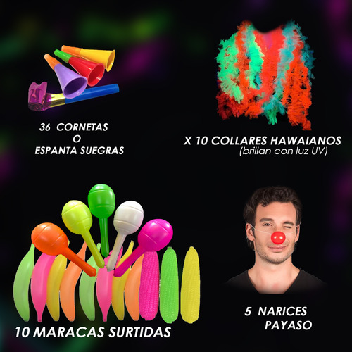 Combo Cotillon Carioca Fluor 115 Articulos 50 Personas