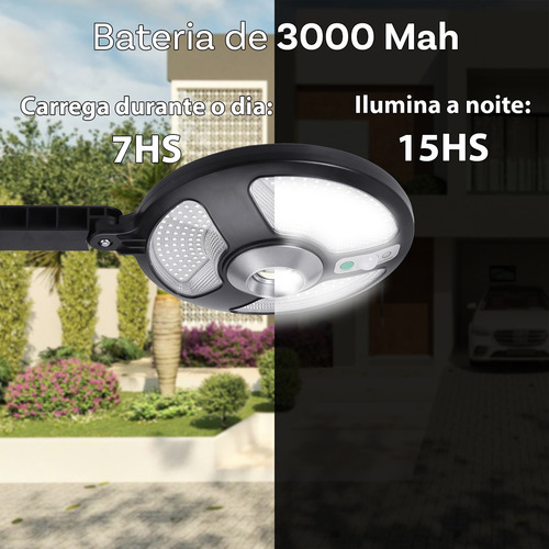 Refletor Holofote Luminaria Led Solar Publica Recarregável 150w Proteção IP66 COB e SMD Sensor De Movimento Cobre Área de 100m² Acionamento Automático 3 Níveis De Luminosidade 6500K Autonomia Até 15h