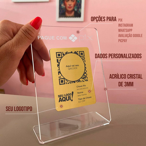 Imagem 3 de 5 de Placa Pix Para Pagamento Qrcode Em Acrílico Face Dourada