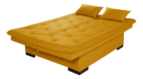 Sofá Cama Bau Reclinável Em Suede + Duas Banquetas Rub Cor Amarelo Desenho Do Tecido Liso