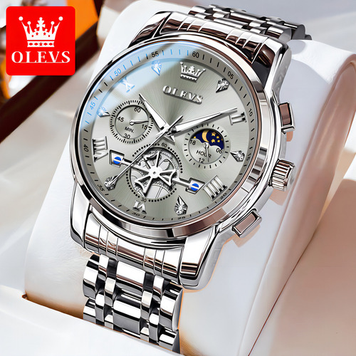 Reloj De Cuarzo Cronógrafo Luminoso Olevs 2856 Color Del Fondo Gris