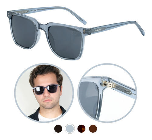 Óculos De Sol Masculino Quadrado Casual Acetato Polarizado Cor Cinza Armação Unico Haste Único Lente Único Desenho Único