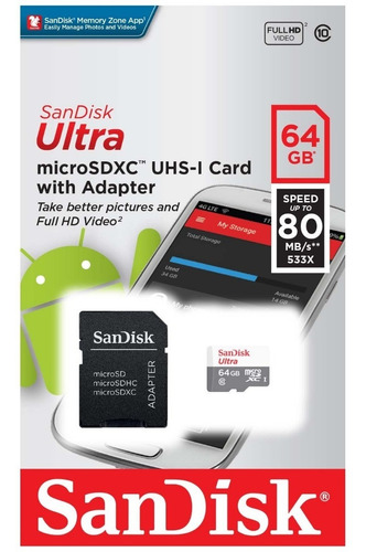Memoria Sandisk Ultra 64gb 80mb/s Celular Microsd Clase 10 E