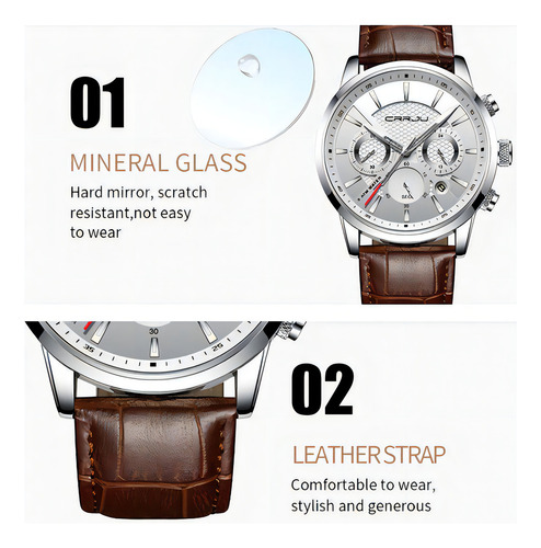Cronógrafo de couro analógico luminoso Crrju para homens, cor de fundo: preto/rosa dourado