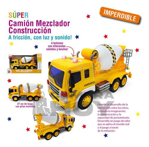 Caminhão misturador de construção por fricção com luzes e som, cor amarela