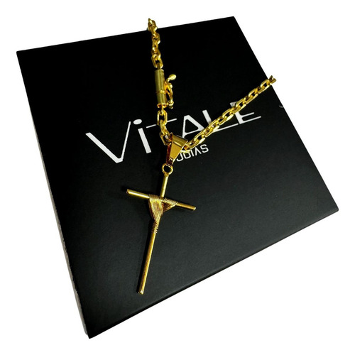Corrente Cadeado 3mm + Pingente Cruz Crucifixo Amarrado Cor Dourado