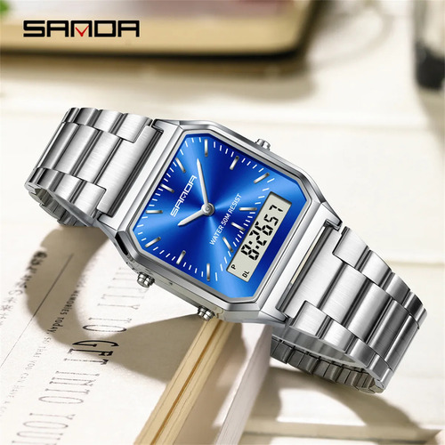 Reloj Digital Led De Doble Pantalla Sanda 747 De Acero Inoxi