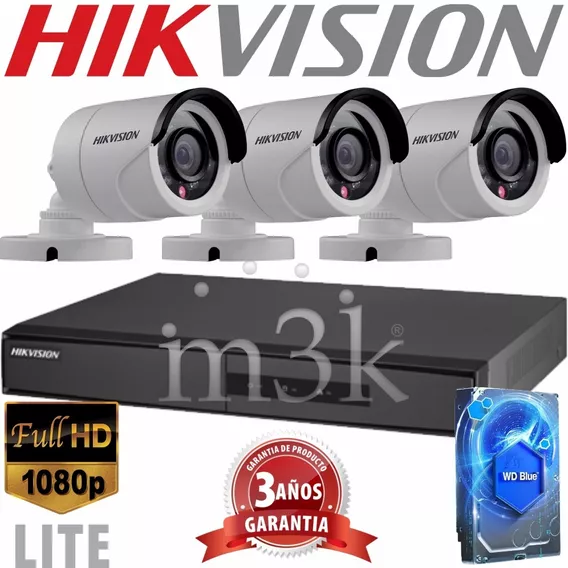 Kit Seguridad Hikvision Full Hd Dvr 4 + Disco Instalado + 3 Camaras Infrarrojas Exterior O Domos + Ip P2p Cctv M3k