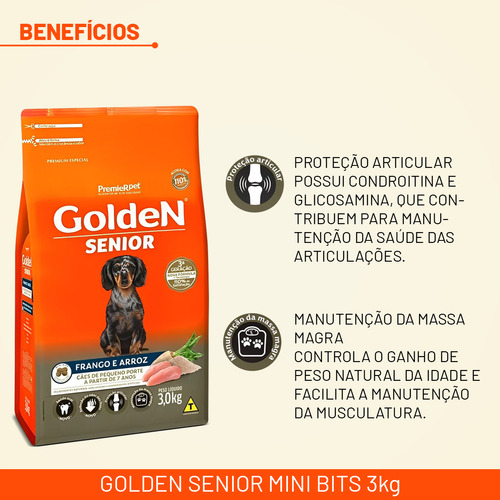 Golden Senior Mini Bits 3kg Ração Para Cães Frango E Arroz
