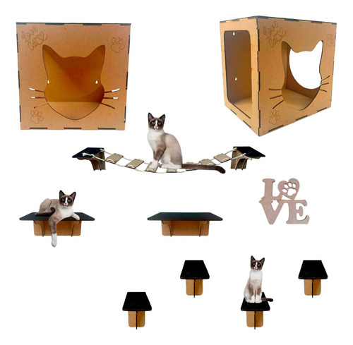 Kit Acessorios Gatos 9 Peças Mdf C/ Carpete Playground Gato Cor Mdf Com Carpete