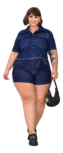 Conjunto Jeans Short E Blusa Plus Size Feminino Com Laycra