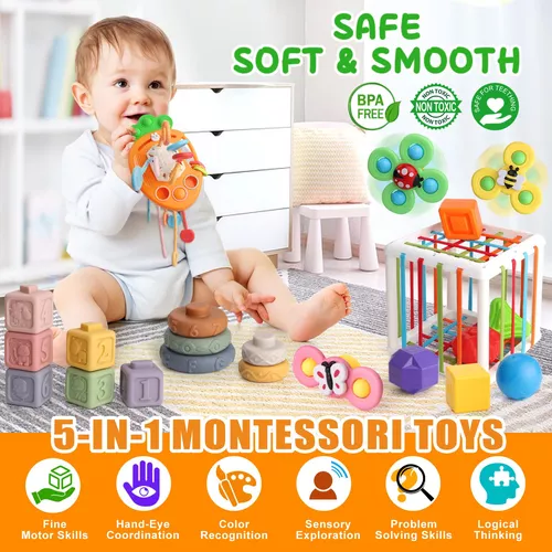 Juguetes Montessori 3 en 1 para bebés de 0-3-6-9-12 meses, juguetes de  dentición para bebés, juguetes sensoriales de forma de color, juguetes