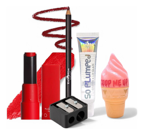 Lip Combo Italia Labial+delineador+bálsamo+gloss+sacapuntas Red Stiletto
