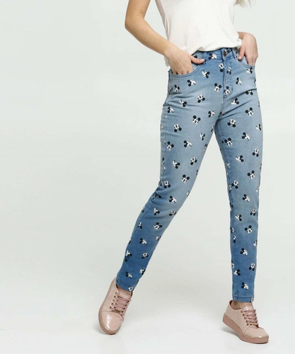 Calça Feminina Jeans Estampa Mickey Skinny Disney