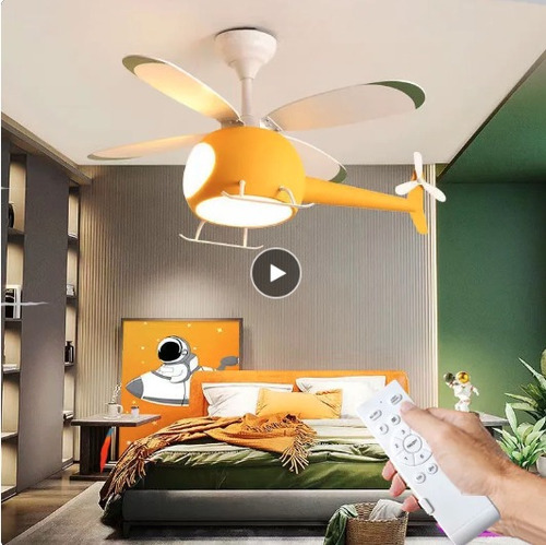 Ventilador De Techo Con Luz Tipo Helicoptero Color Amarillo