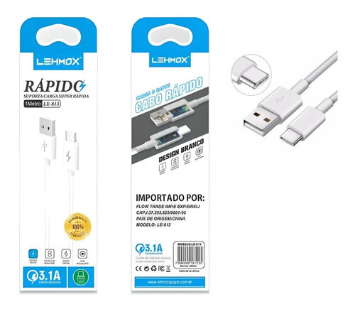 Cabo Carregador Usb Type C 3.1a 1m Branco Lehmox